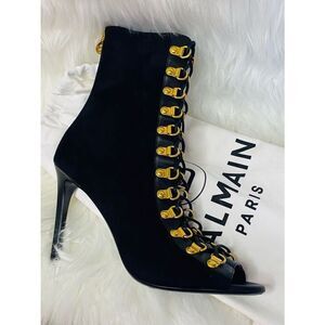 BALMAIN Black Suede Ava 176 Lace-Up Peep Toe Authentic Boots, Size 39 W Dust Bag